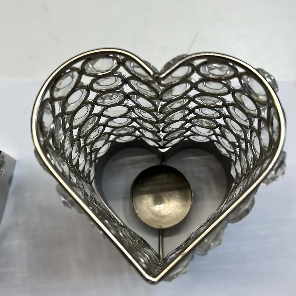 Crystal heart candle holder 2 pieces set with polished chrome and plated iron